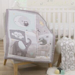 Parent's Choice Celestial 3 Piece Crib Bedding Set, Grey, Elephant, Sloth, Owl